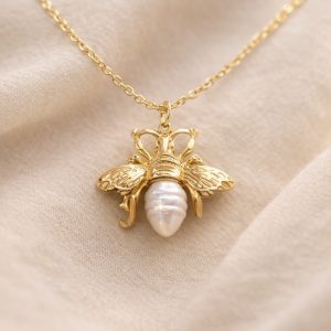 Golden Bee Pearl Pendant Necklace
