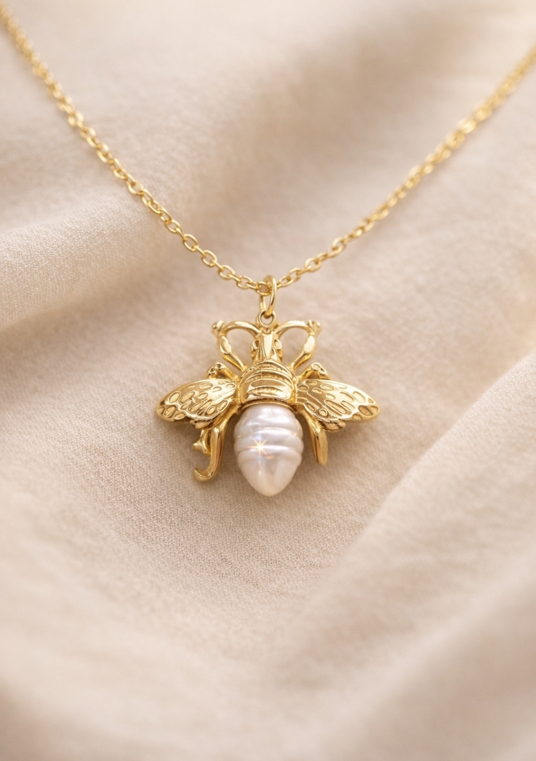 Golden Bee Pearl Pendant Necklace