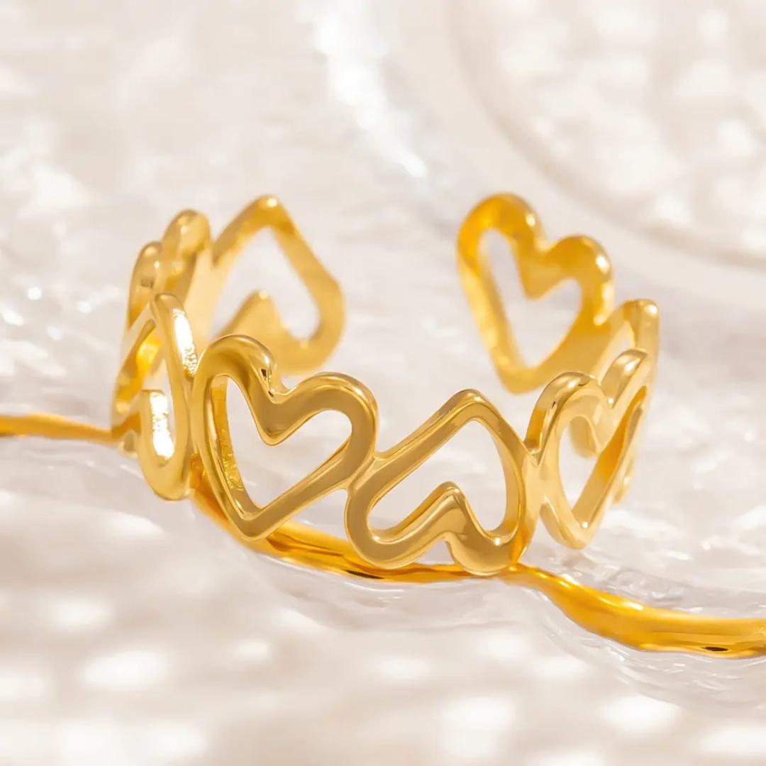 Golden Linked Hearts Ring (Adjustable)